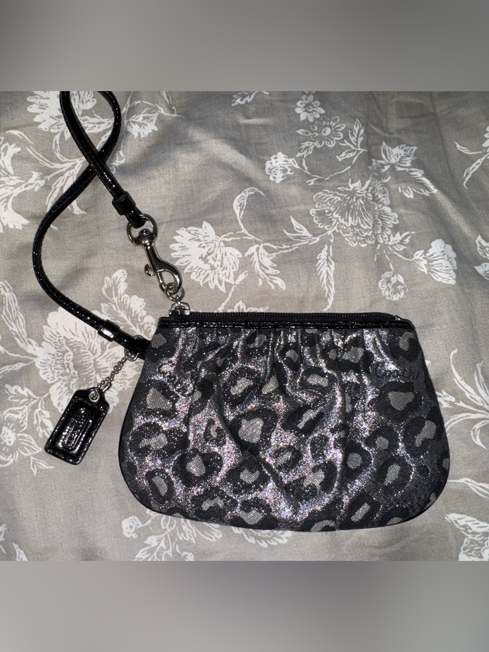 Coach Black Glitter Leopard Print Wristlet with Metallic Accent